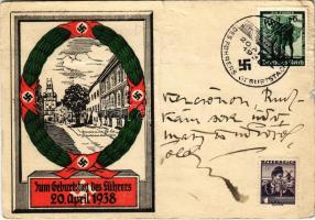 1938 Zum Geburtstag des Führers. Braunau am Inn, Geburtshaus des Führers / Birthday and birth house of Adolf Hitler, NSDAP German Nazi propaganda + So. Stpl (fa)