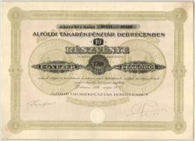 1926. Alföldi Takarékpénztár Debrecenben 10db részvénye egyben, összesen 1000P-ről, szárazpecséttel szelvényekkel T:I- kis szakadás