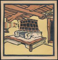 Kós Károly (1883-1977): Régi kalotaszegi jobbágyház szobája cserepessel. Linómetszet, papír, jelzés nélkül, körbevágott, 10x10 cm
