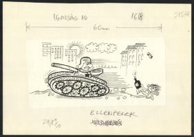 Fülöp György (1923-): Ellenfelek (1956). Tus, papír, jelzett, kartonra kasírozott. Az Igazság c. lapban megjelent karikatúra. 11x22 cm.