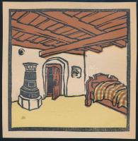 Kós Károly (1883-1977): Erdélyszéli kisnemesi porta szobája. Linómetszet, papír, jelzés nélkül, körbevágott, 10x10 cm