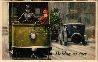 1938 Boldog új évet! villamos és autók / New Year greeting, tram and automobiles. Erika Nr. 6137.