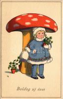 Boldog új évet! Kislány és gomba / New Year, girl with mushroom. Meissner & Buch Künstler-Postkarten Serie 2558. litho