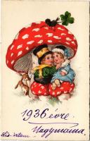 Boldog új évet! Gyerekek és gomba / New Year, children with mushroom. B.R. Nr. 8375. litho