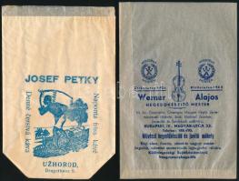 4 db kávés, cukorkás és egyéb papírzacskó (Petky József Ungvár, Werner Alajos hegedűkészítő, Apetit ...