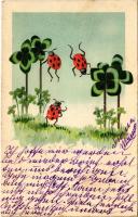 1938 Dombornyomott üdvözlőlap, katicabogarak és lóherék / Embossed greeting with ladybugs and clovers. Erika Nr. 3028. litho (EK)