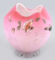 Antik tejüveg, rózsaszín váza, kopott, m: 12 cm