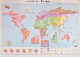 cca 1996 A világ vallási térképe, a HVG kiadása, hajtott, 103x77 cm