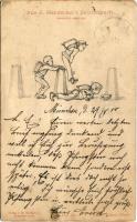 1900 Eins-Zwei-Drei! Aus A. Hendschels Skizzenbuch No. 26. / Children art postcard, exercise (fa)