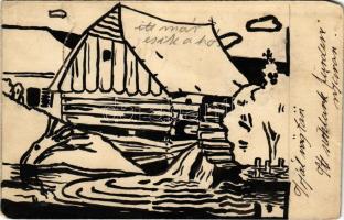 1910 Kézzel rajzolt és készített művészlap / hand-drawn custom-made art postcard + SZÉKELY UDVARHELY - SEGESVÁR 134. SZ. vasúti mozgóposta bélyegző (b)