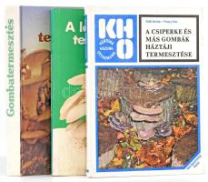 Vegyes gombászkönyv tétel, 3 db:   Balázs Sándor: Gombatermesztés.;  Szili István-Véssey Ede: A csiperke és más gombák háztáji termesztése. KHO.;  A laskagomba termesztése. Szerk.: Szabó István.;  Bp., 1979-1986, Mezőgazdasági. Kiadói kartonált papírkötések és kiadói papírkötés.
