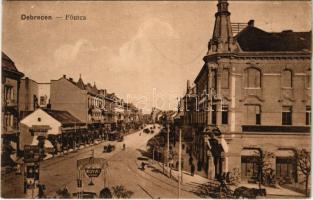 1916 Debrecen, Fő utca, Royal kioszk, Bankegyesület részvénytársaság, Kühne gépgyár, villamos, hirdetőoszlop. Vasúti levelezőlapárusítás 570. (ázott sarok / wet corner)