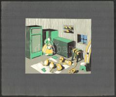 Jelzés nélkül: Art deco díszlet- vagy enteriőrterv, 1925-30 körül. Ceruza, akvarell, papír, papírra kasírozva. Jelzés nélkül, feltehetően Galambos Margit alkotása. 13,5x16 cm.