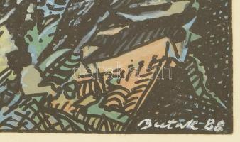 Butak András (1948-2021): Forrás. Akvarell, papír, jelzett 10x7,5 cm Üvegezett keretben