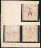 3 db art deco csokoládé vagy egyéb édesség csomagolás terve, 1920-as évek. Ceruza, akvarell, papír, jelzés nélkül, feltehetően Galambos Margit (?-?) grafikája, egy kartonra kasírozva, kissé sérült, 23x19 cm.