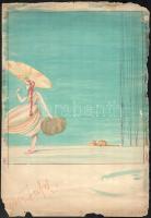Galambos Margit (?-?): Hölgy napernyővel, art deco illusztráció, 1925-30 körül. Ceruza, akvarell, papír. Jelzés nélkül, lap alján autográf feliratával. Szélein sérült és kissé foltos. 37x25,5 cm