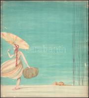 Galambos Margit (?-?): Hölgy napernyővel, art deco illusztráció, 1925-30 körül. Ceruza, akvarell, pa...