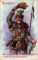 Heimkehr. Wie Aujuste ihren Willem dekorirt wenn er zurück kommt / Első világháborús német humor, hazatért katona kolbásszal, sonkával és hurkával feldíszítve / WWI German military humour, soldier decorated with sausages and ham s: H. Sp. (ázott / wet damage)