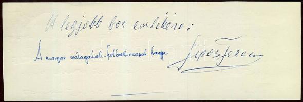 1959 Sipos Ferenc magyar labdarúgó válogatott játékosának aláírása és egy soros beírása emléklapon