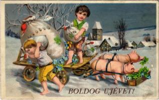 Boldog újévet! Malac szekér pénzes zsákokkal / New Year greeting, pig cart with money bags. SB 9217. litho (EB)