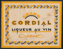 Grand cordial liqueur au vin, magyar gyártmány, art deco italcímke terv, 1925-1930 körül. Tempera, ceruza, tus, papír. Jelzés nélkül, feltehetően Galambos Margit (?-?) alkotása. Foltos. 9x11 cm.