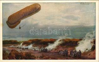 Fesselballon, unsere Artilleriewirkung beobachtend. Deutscher Luftflotten-Verein / WWI German military art postcard, observation balloon s: Hans Rudolf Schulze