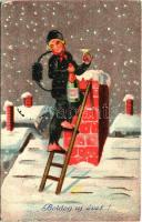 1934 Boldog Újévet! / New Year greeting art postcard, chimney sweeper with champagne (EB)