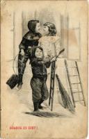 1910 Boldog Újévet! / New Year greeting art postcard, chimney sweeper family (szakadás / tear)