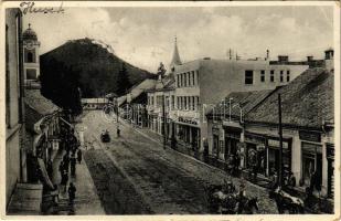 1939 Huszt, Chust, Khust; Masarykova ul. / Masaryk utca, Bata, Heinfeld, Filip Weisz, Rosenthal Sámuel üzlete, vár / street view, shops, castle (Rb)