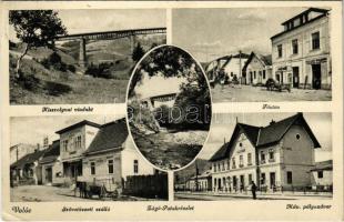 1942 Volóc, Volovec, Volovets; Kisszolyvai viadukt, vasúti híd, Fő utca, Cikta üzlet, Szövetkezeti szálló, MÁV (Magyar Királyi Államvasutak) pályaudvar, vasútállomás / railway bridge, viaduct in Skotarska, main street with shops, hotel, railway station (EK)