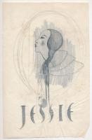 Jessie, art deco könyvborító- vagy reklámterv, 1925-1930 körül. Ceruza, hártyapapír. Jelzés nélkül, feltehetően Galambos Margit (?-?) grafikus alkotása. Kissé foltos, gyűrődésekkel. 22,5x14,5 cm.