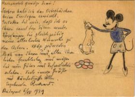 1939 Mickey egér és húsvéti nyúl. Kézzel rajzolt / Mickey Mouse and Easter rabbit. Hand-drawn Disney postcard s: Ilonka Richard (vágott / cut)