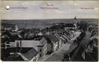 1914 Modor, Modra; Leánynevelő intézet, Deák Ferenc utca, Evangélikus templomok. May Samu kiadása / girls' boarding school, street view, Lutheran church (lyukasztott / punched hole)