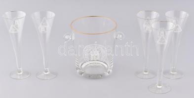Törley üveg jegesvödör + 5 db pezsgős pohár, m: 15 - 19 cm