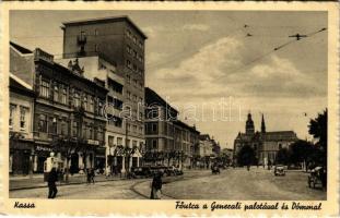 1940 Kassa, Kosice; Fő utca a Generali palotával és Dómmal, Krausz üzlete, automobilok / main street, insurance company, shops, cathedral, automobiles (EK)