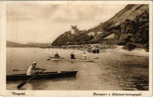 1925 Visegrád, Duna-part a Salaom-toronnyal, evezős csónak (fl)