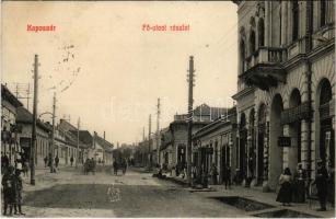 1910 Kaposvár, Fő utca, Révész József utóda, Löbl Mihály, Práger Ignác, Lang Jakab és Társa (Ungár B. Béla) és Lengyel Testvérek üzlete, Bárány vendéglő