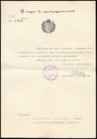 1942 Bp., a m. kir. igazságügyminiszter hivatalos levele Forintos Lajosné törvényszéki irodatiszt részére, a budapesti ítélőtáblához való, saját kérelmére történő áthelyezéséről. Miniszteri osztályfőnöki aláírással, pecséttel.
