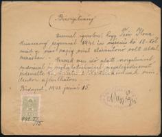 1942 Bp., Nagy Lajos cukrász által kiállított munkáltatói igazolás / ajánlás, 50 f okmánybélyeggel