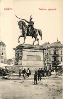 Zagreb, Zágráb; Jelacicev spomenik / Jellasics szobor, üzletek, piac / monument, statue, shops, market