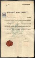 1922 Bp., vasúti tisztképző tanfolyam képesítő bizonyítvány Baranyai Pál részére, aláírásokkal, viaszpecséttel, sérült, ragasztott