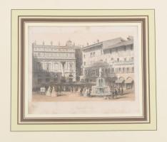 Lauterbach festménye után, William French (1815-1898) metszése: Verona, Piazza dErbe. Színezett acélmetszet, papír, jelzett a metszeten. Paszpartuban. Kissé foltos. 14,5x21 cm.