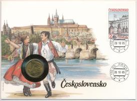 Csehszlovákia 1985. 1K Al-bronz felbélyegzett borítékban, bélyegzéssel, német nyelvű leírással T:1-  Czechoslovakia 1985. 1 Koruna Al-bronze in envelope with stamp, cancellation and a prospectus in german C:AU