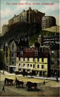 Edinburgh, The Castle from Grass Market, Black Bull Lodgings for Travellers & Working Men, Provision Store, horses