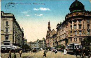 1913 Budapest VIII. Erzsébet körút, villamos, Takarékpénztár, fogorvos (EB)