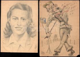 Henter János (1922-1972): 12 db rajz, karikatúra, portré, többségében a dieppei és sinzigi hadifoglytáborokból, 1945. Klf. technikák, papír. Jelzett. Részben sérült. 18,5x13,5 és 29,5x21 cm közötti méretekben.