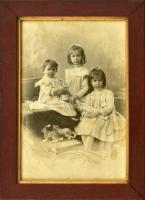1901 Három kislány babával, kalitkával, cicával, nyúllal, vintage fotó Mai és Társa Bp. hidegpecséttel jelzett, ceruzarajzzal kiegészített fotója, üvegezett fakeretben, 25x16,5 cm