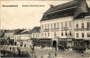 1909 Marosvásárhely, Targu Mures; Széchenyi tér, Adi árpád könyvkiadó, Engel J. Frigyes, Reichardsperg J. és társa, Nagy József, Lőrincz és Oláh, Hajdú Sándor, Kiss Antal, Reményi Bazár, Kőszegi Antal, Magyari és Heszke József üzlete, Hitelszövetkezet faipari szakcsoportjának közös műhelyei, Koronás takarékszövetkezet, Szakáts Gábor cukrászata, román cement / square, shops, confectionery, savings bank (EK)