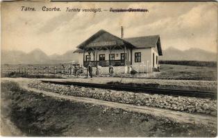1920 Tátra, Vysoké Tatry; Csorba Turista vendéglő, vasúti sín. Feitzinger Ede 1906/16. 751. / Gasthaus / Strba tourist restaurant, railway track
