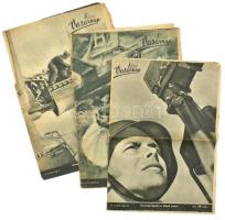1944 Képes Vasárnap 3 db száma, 1944. ápr. 18. - aug. 1., számos fekete-fehér fotóval, a háborúval kapcsolatos képekkel és írásokkal, helyenként szakadozott